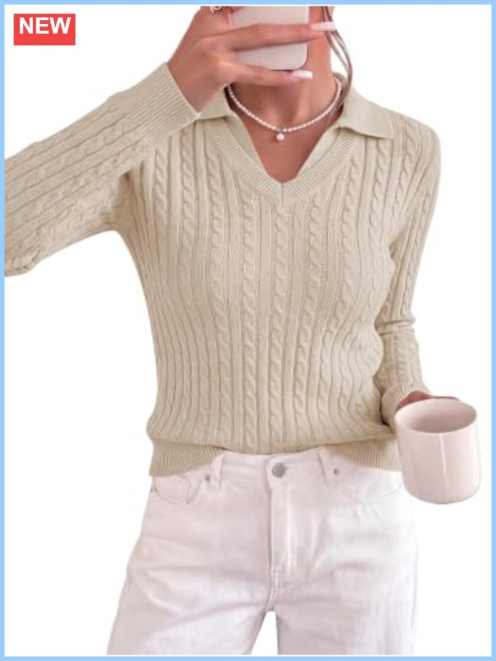 Cable Knit Long Sleeve Polo Sweater Slim Fit V-Neck Pullover
